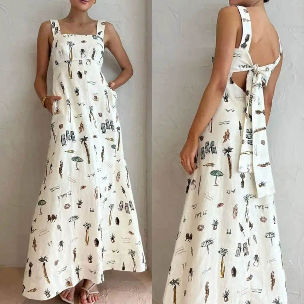 ZARA Summer Sexy Backless Printed Bodycon Dress with Tie Straps